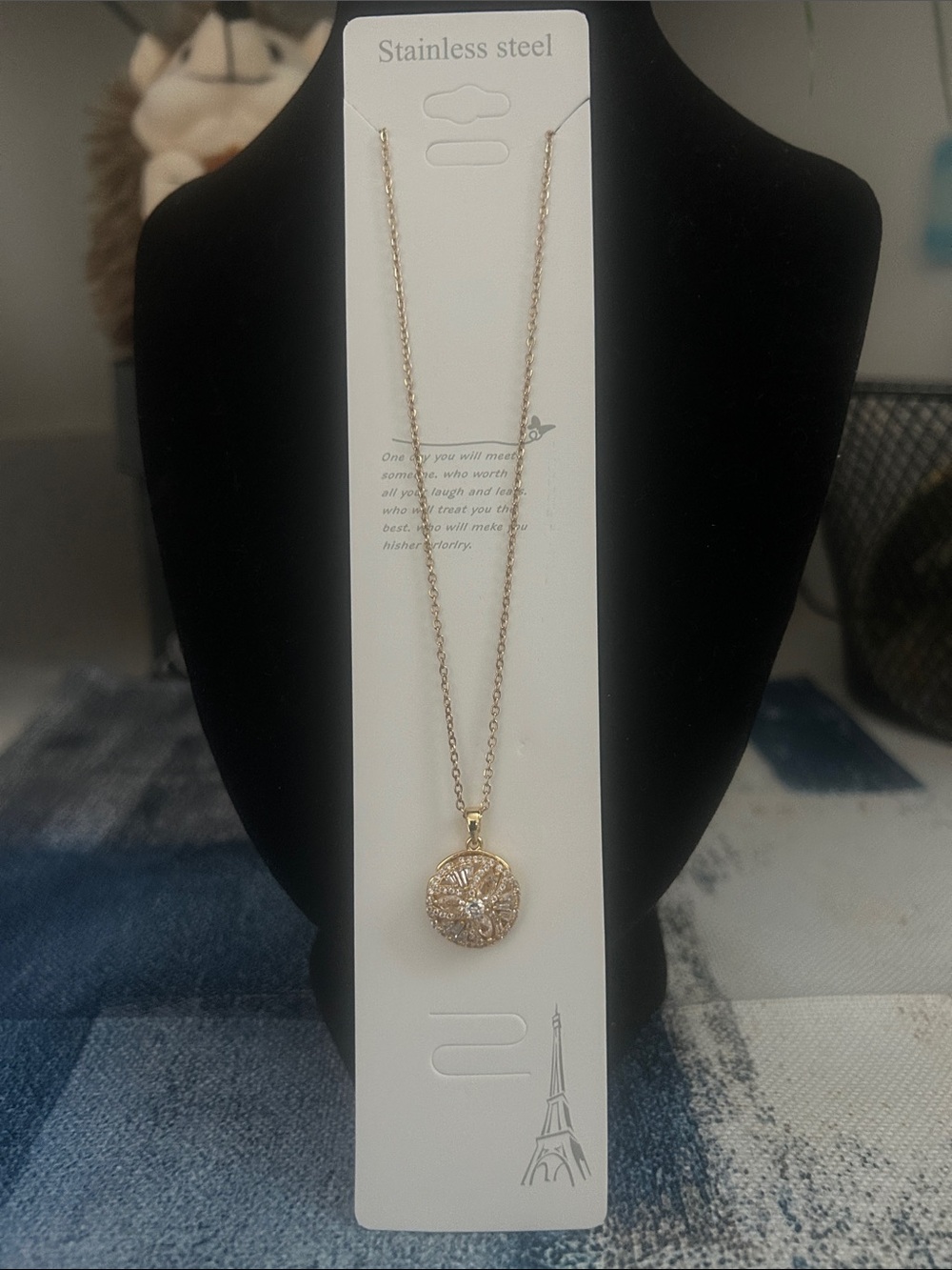 Gold Stainless Steel Pendant Necklace with Crystal Accent - middle spins